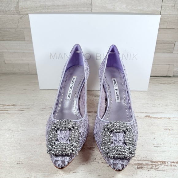 Manolo Blahnik Hangisi Size 38 Lace 70MM Pumps Heels Lilac Periwinkle $1245 New - Picture 4 of 15